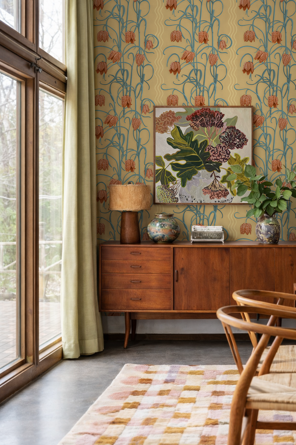 Campanas Wallpaper, butter yellow and slate blue
