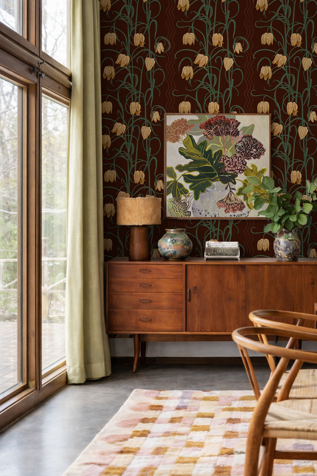 Campanas Wallpaper, chocolate and goldenrod