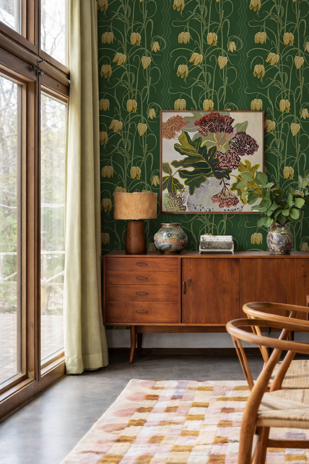 Campanas Wallpaper, dark green and ocher