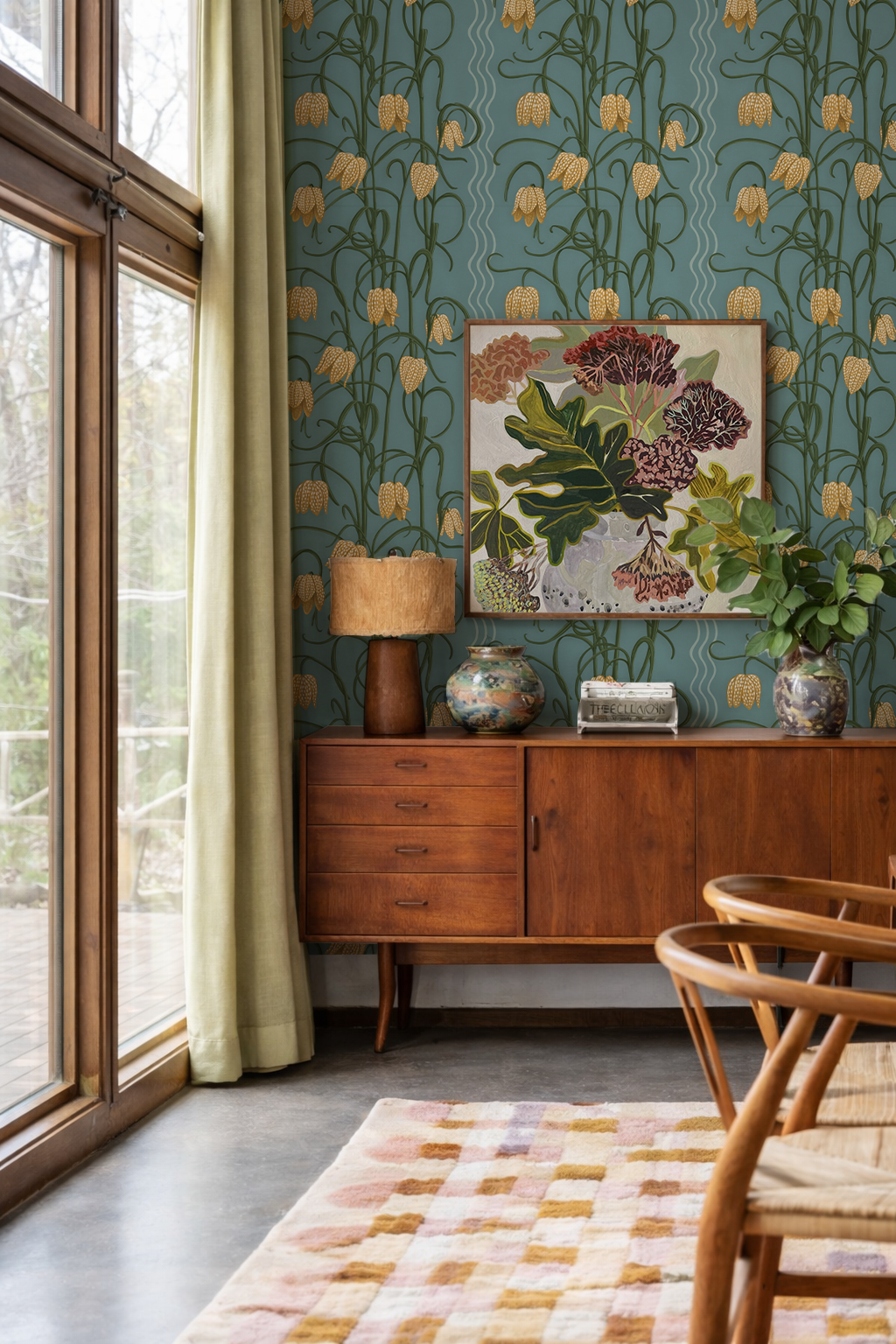 Campanas Wallpaper, dusty blue and marigold