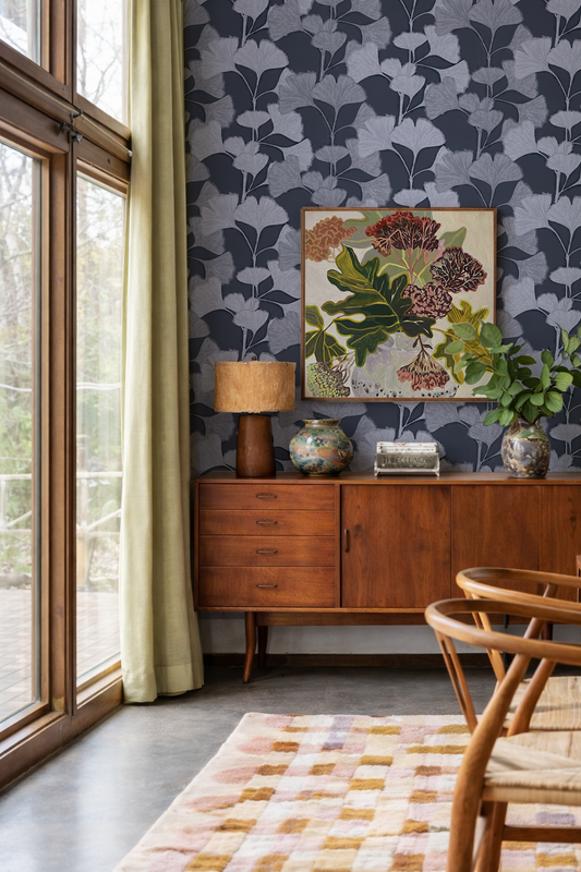Ginkgo Vignette Wallpaper, blue