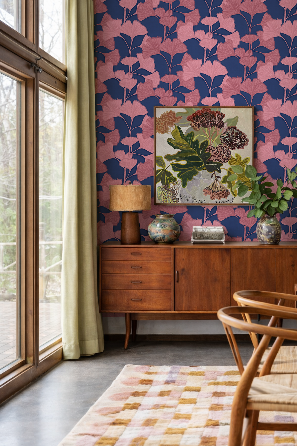 Ginkgo Vignette Wallpaper, blue and pink