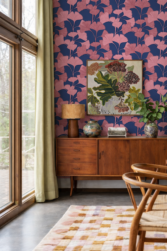Ginkgo Vignette Wallpaper, blue and pink