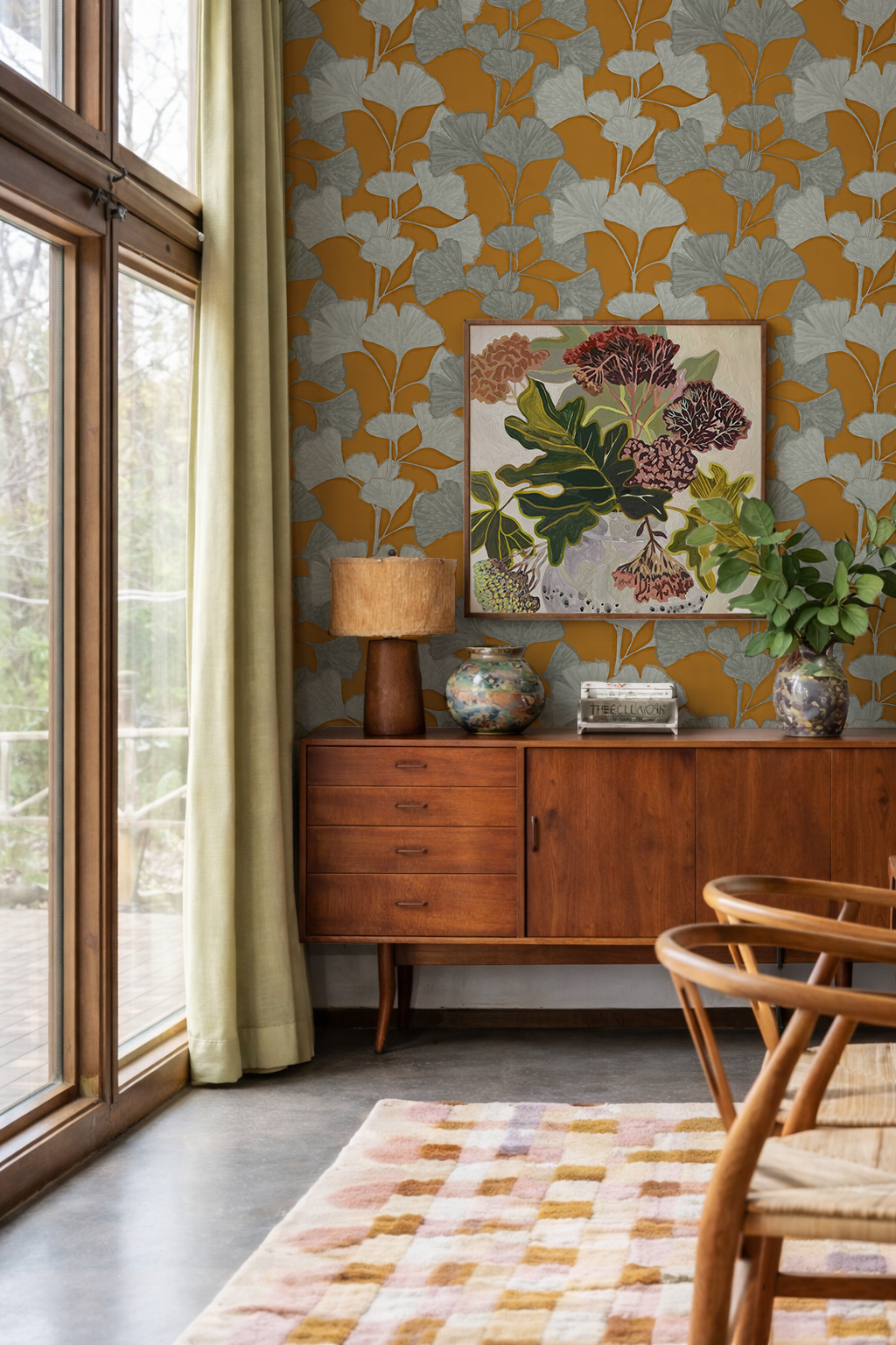 Ginkgo Vignette Wallpaper, golden rod and mint