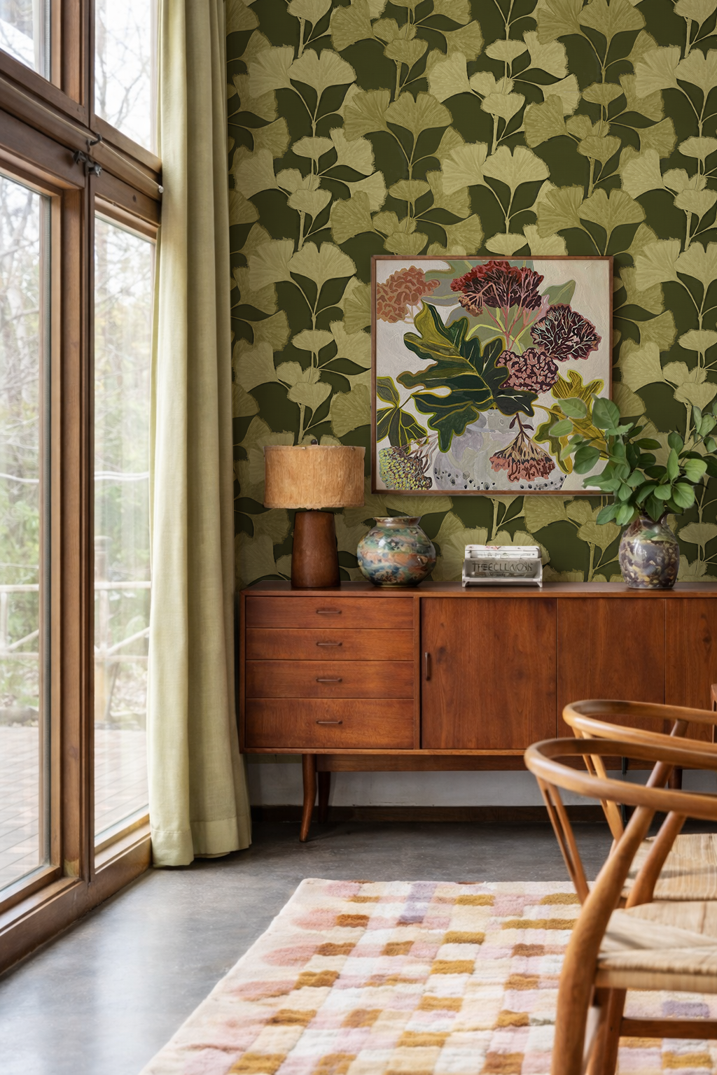 Gingko Vignette Wallpaper, green and light chartreuse
