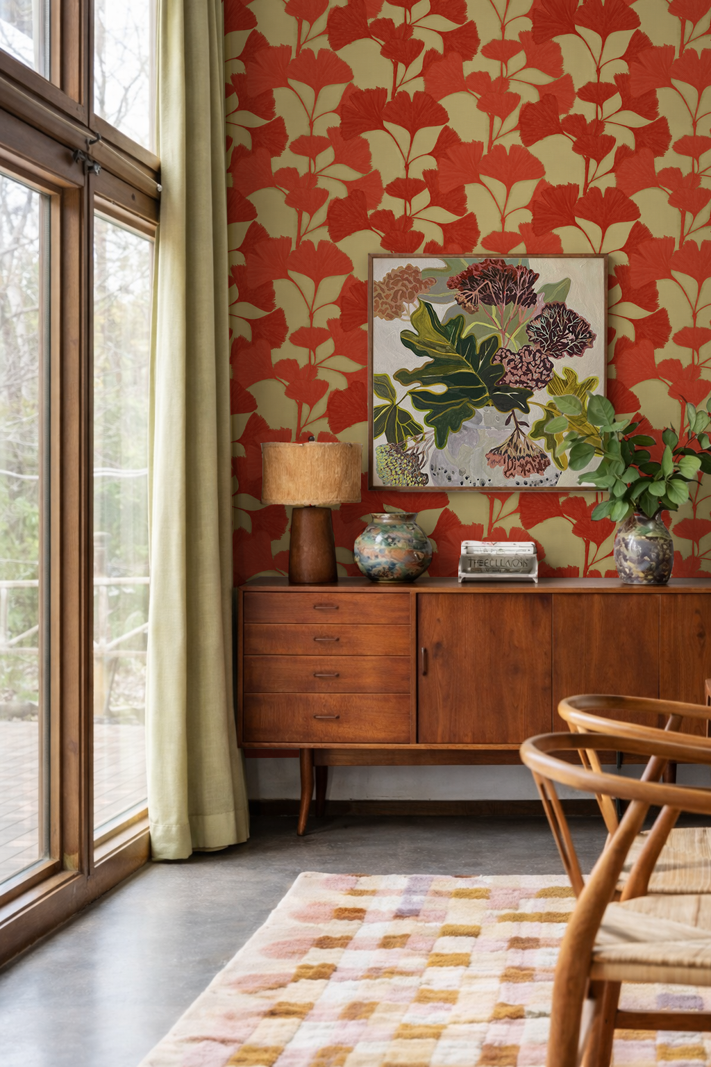 Ginkgo Vignette Wallpaper, khaki green and red