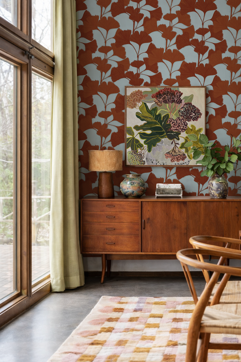 Ginkgo Vignette Wallpaper, light blue and rust