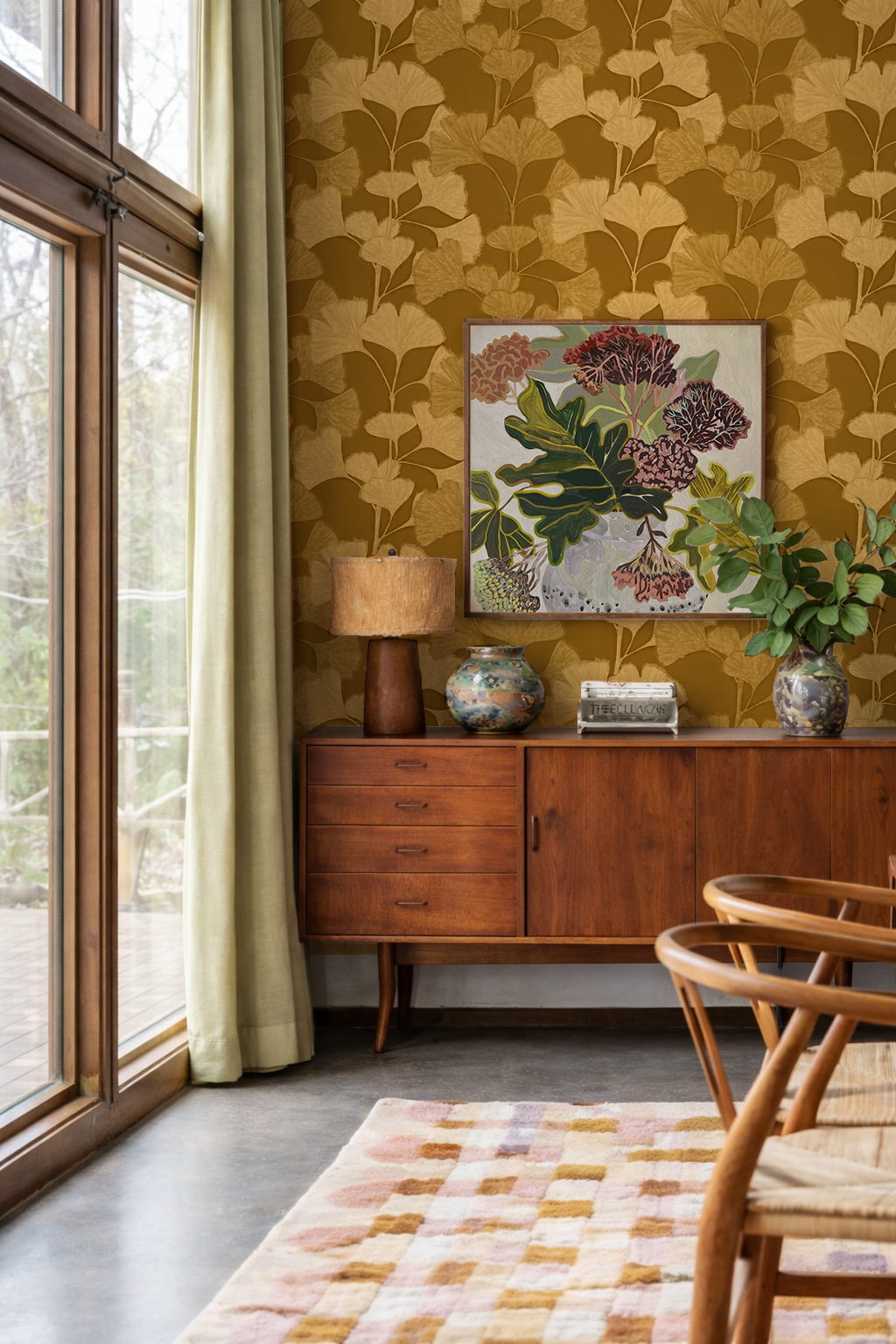 Gingko Vignette Wallpaper, mustard and yellow