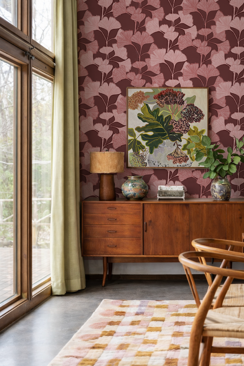 Gingko Vignette Wallpaper, muted wine and blush