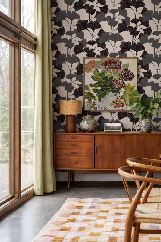 Ginkgo Vignette Wallpaper, neutral and black
