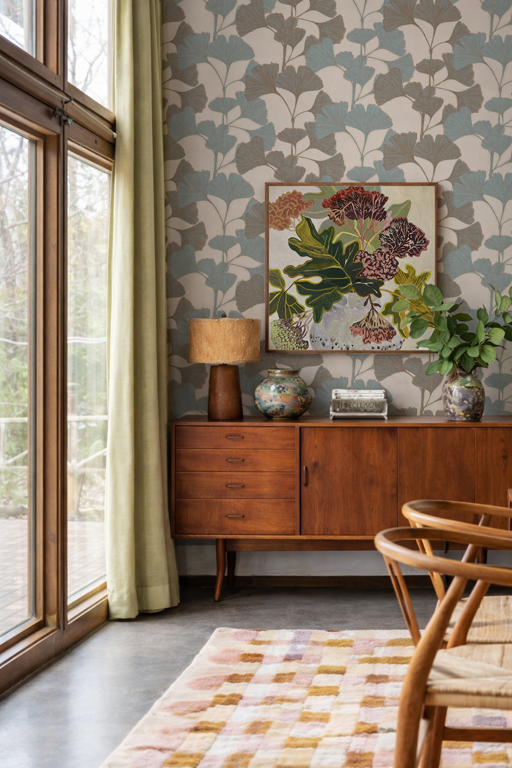 Ginkgo Vignette Wallpaper, neutral and blue, brown