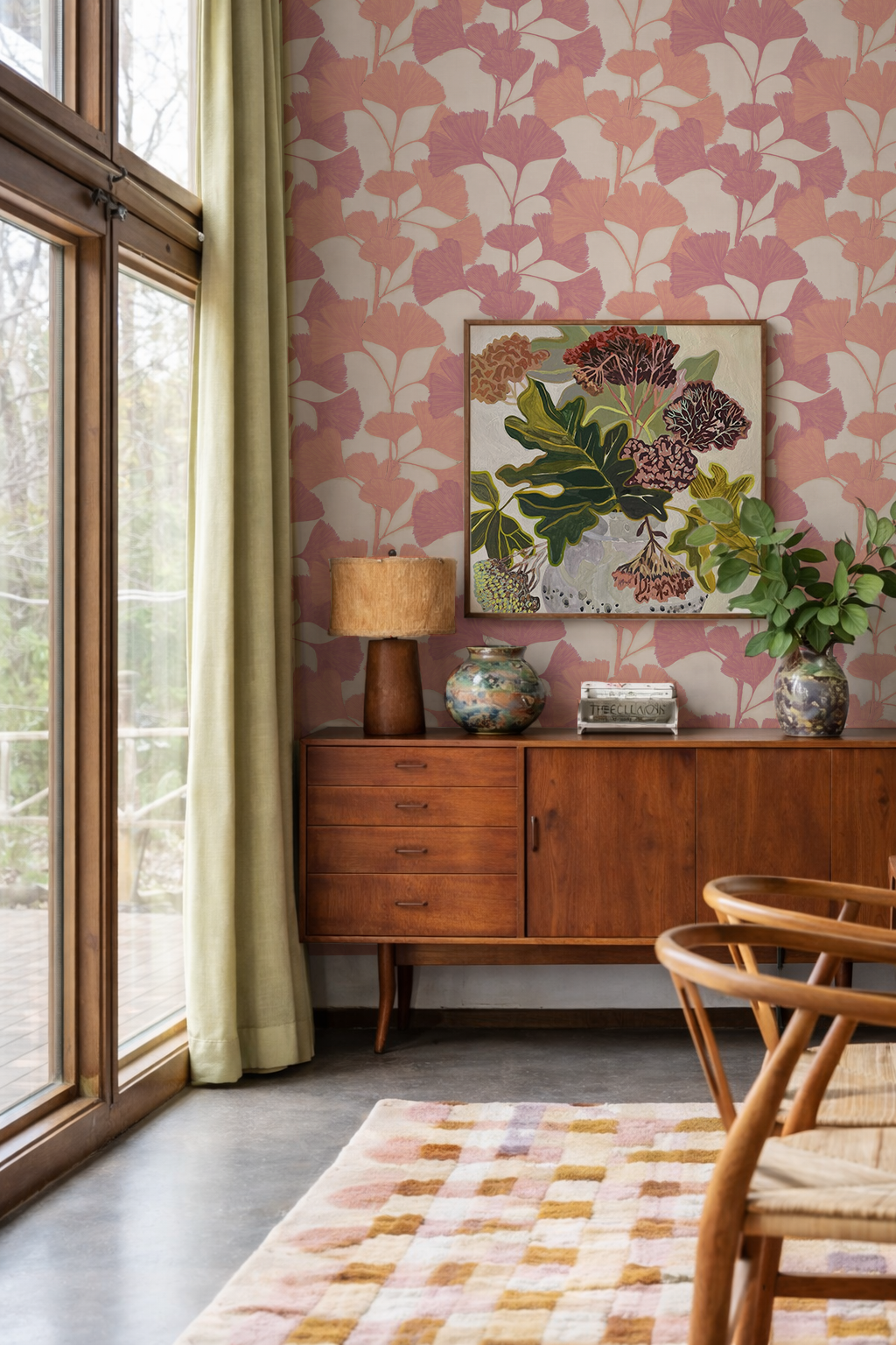 Ginkgo Vignette Wallpaper, neutral and coral, magenta