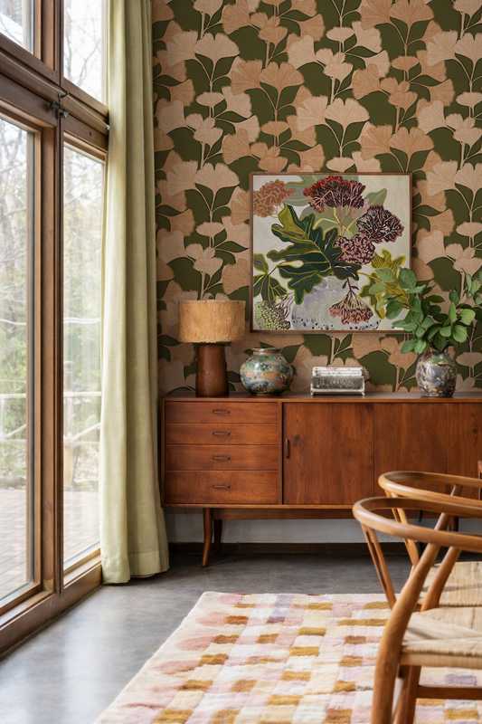 Gingko Vignette Wallpaper, olive green and peach