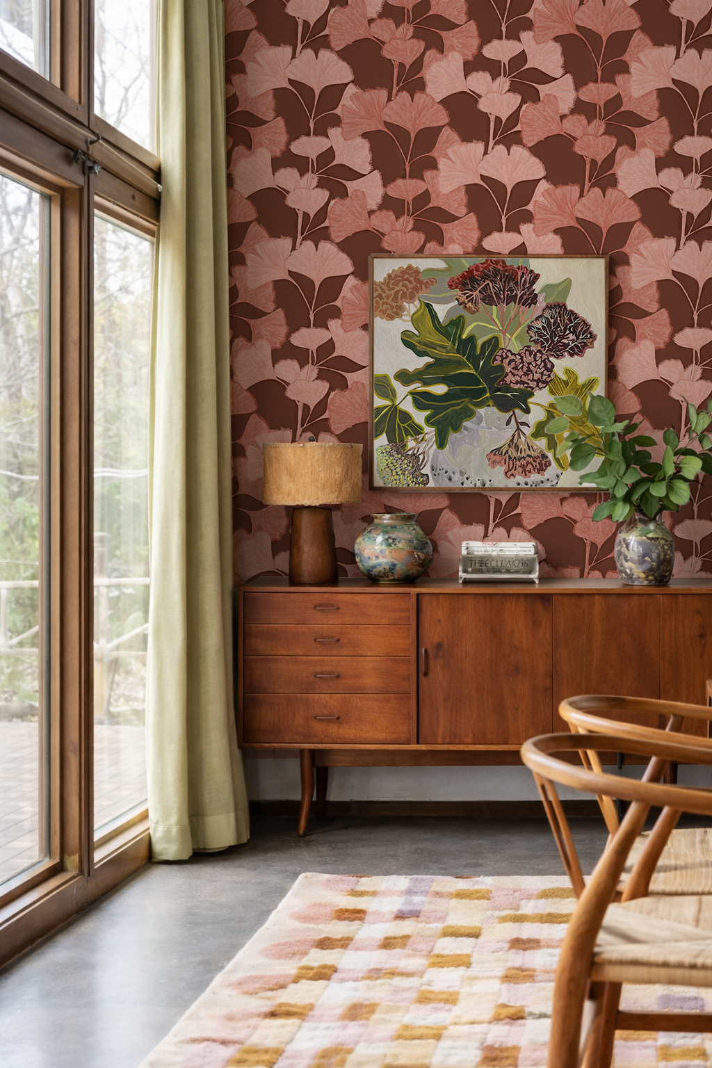 Ginkgo Vignette Wallpaper, red brown and coral