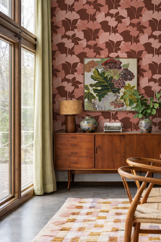 Ginkgo Vignette Wallpaper, red brown and coral