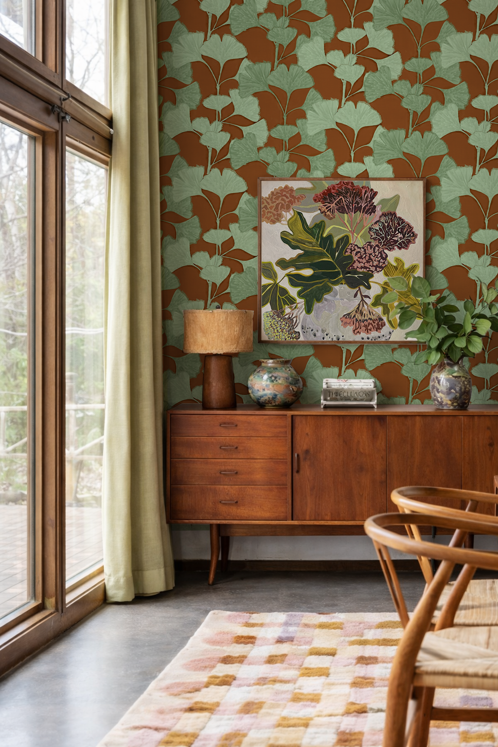 Ginkgo Vignette Wallpaper, rust and sage