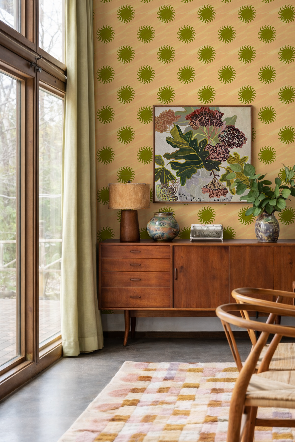 Sol Wallpaper, peach and olive green