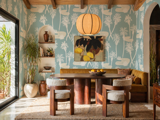 Palm Oasis Wallpaper, dusty blue and white