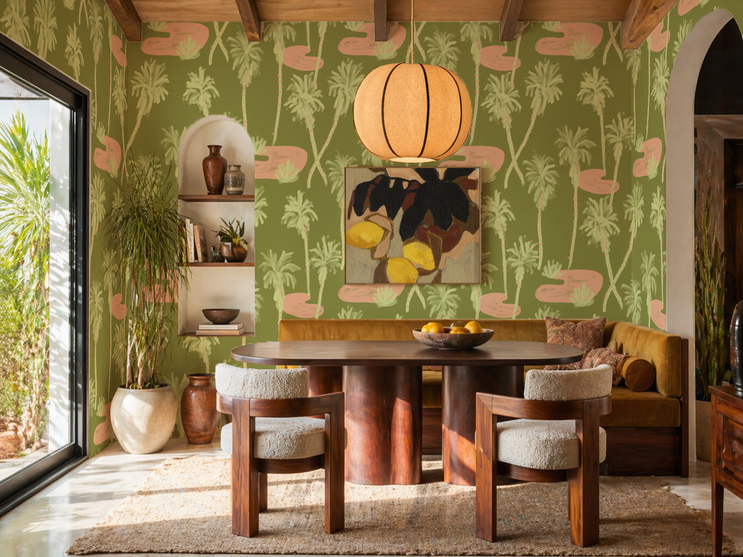 Palm Oasis Wallpaper, olive green and coral