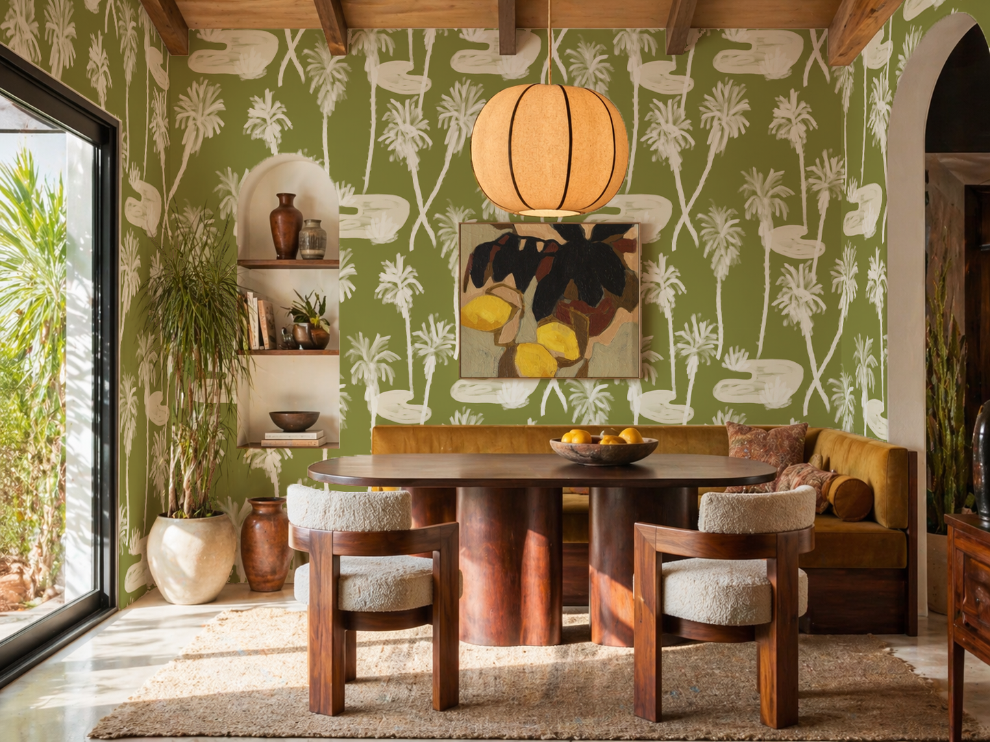 Palm Oasis Wallpaper, olive green and white