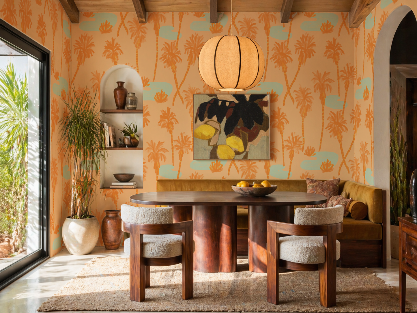Palm Oasis Wallpaper, orange and mint