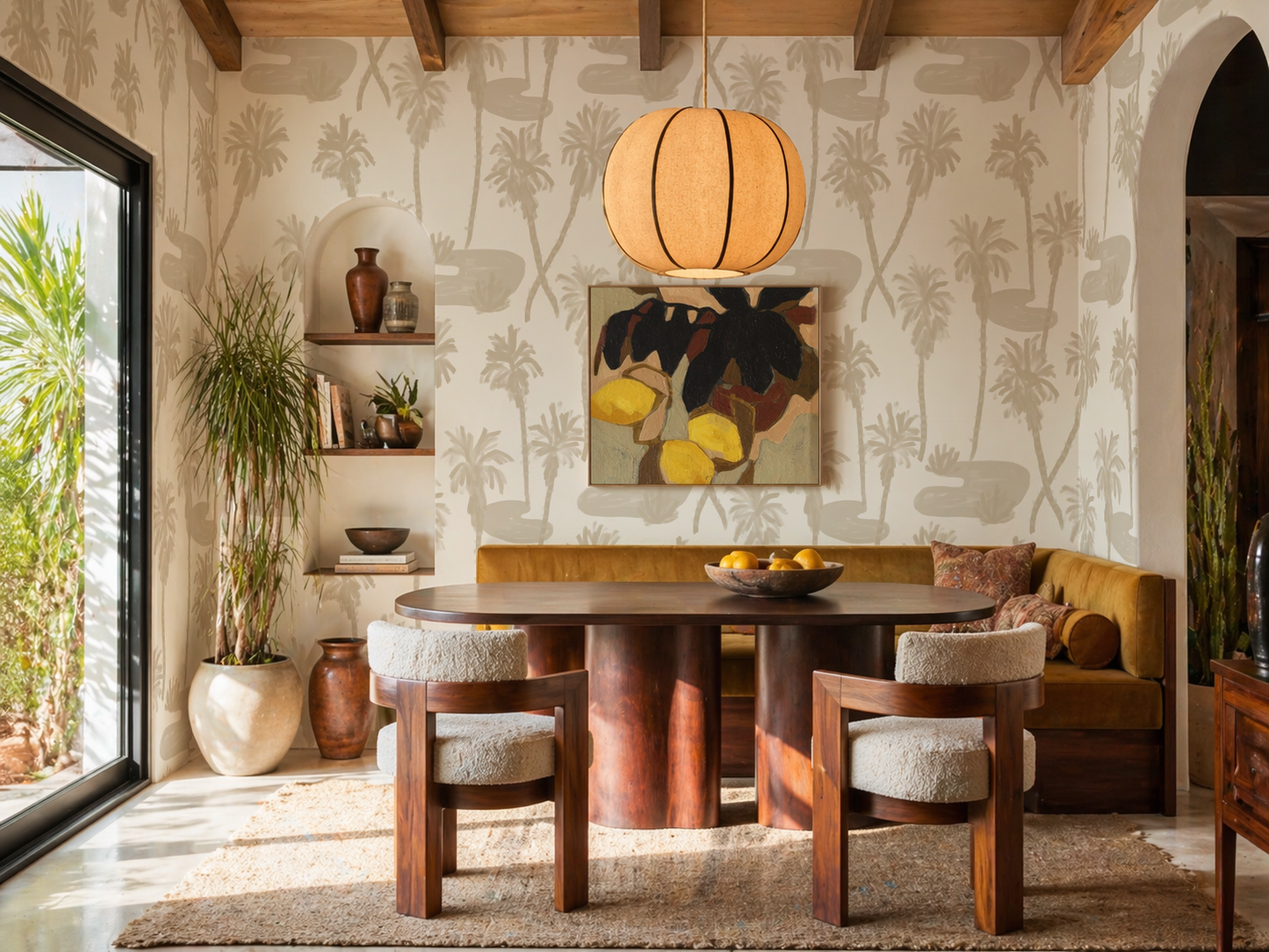 Palm Oasis Wallpaper, tan and white