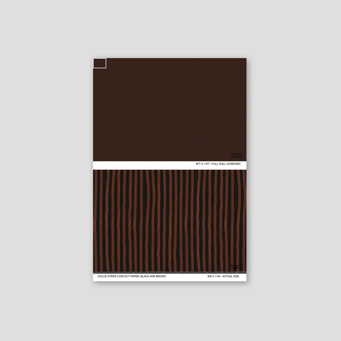 Dolce Stripe contact paper, shelf liner sample with black and brown vertical lines.