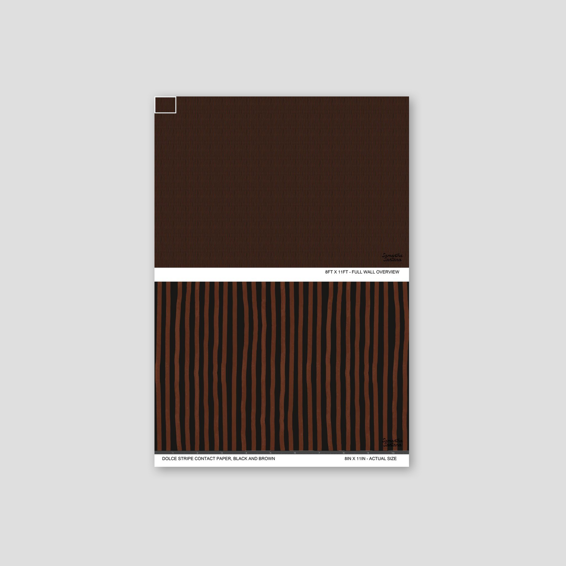 Dolce Stripe contact paper, shelf liner sample with black and brown vertical lines.