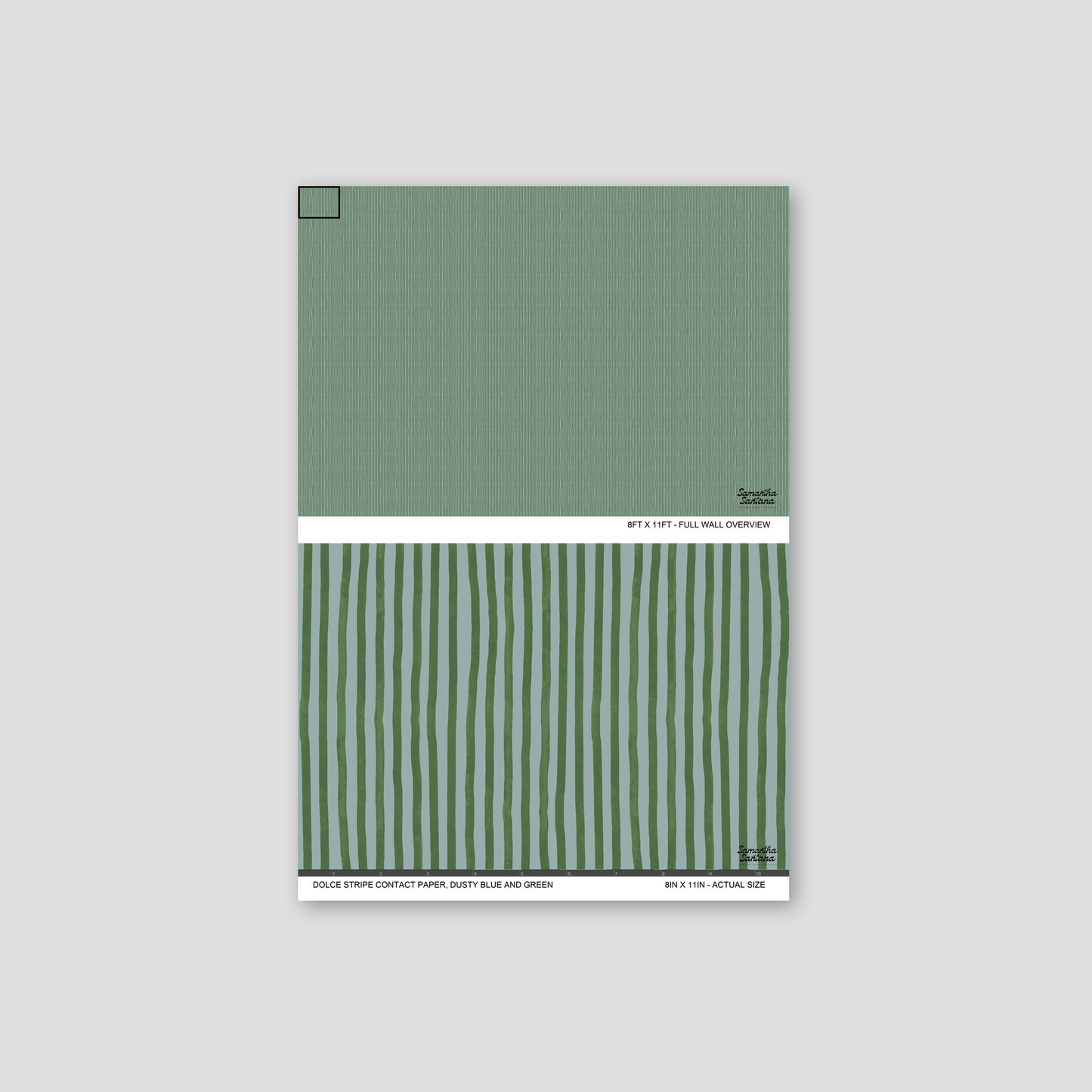 Dolce Stripe contact paper, shelf liner in dusty blue and green with vertical lines.