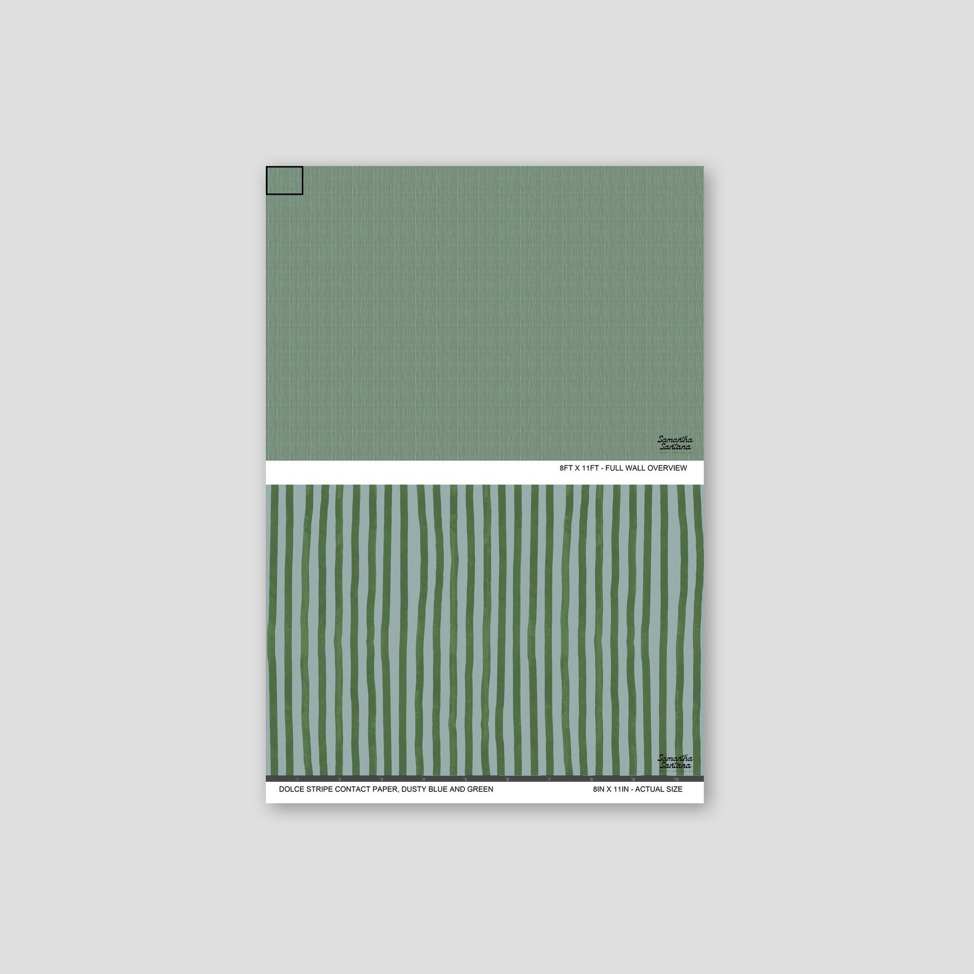 Dolce Stripe contact paper, shelf liner in dusty blue and green with vertical lines.