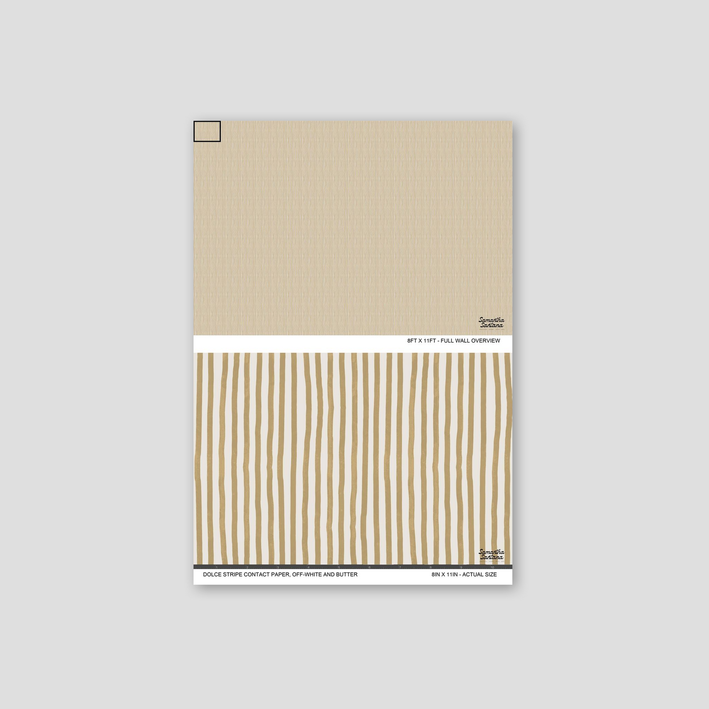 Off-white and butter striped contact paper, shelf liner sample with geometric pattern.