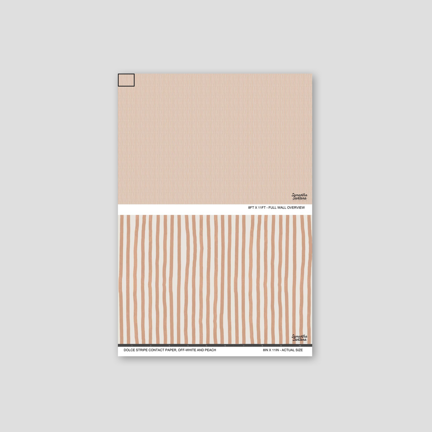 Dolce Stripe Contact Paper, shelf liner in off-white and peach with vertical stripes.