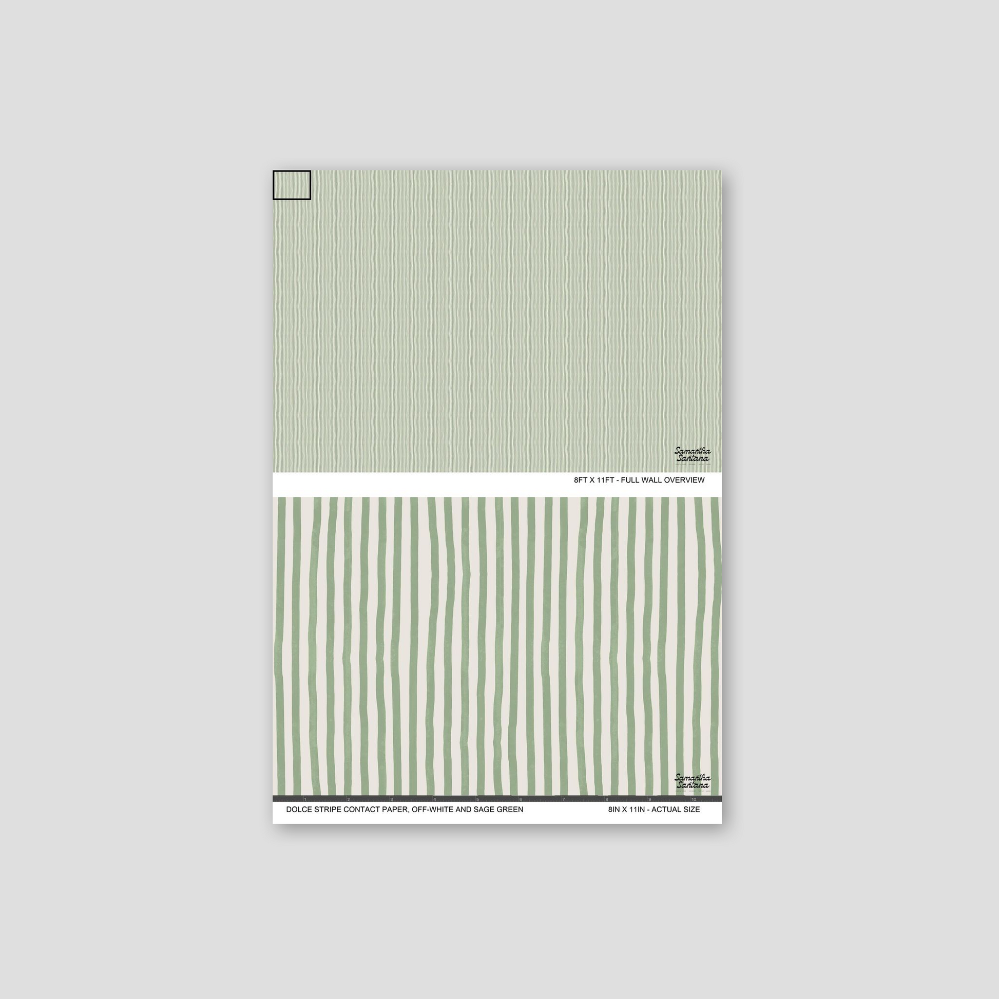 Dolce Stripe contact paper, shelf liner with off-white and sage green stripes.