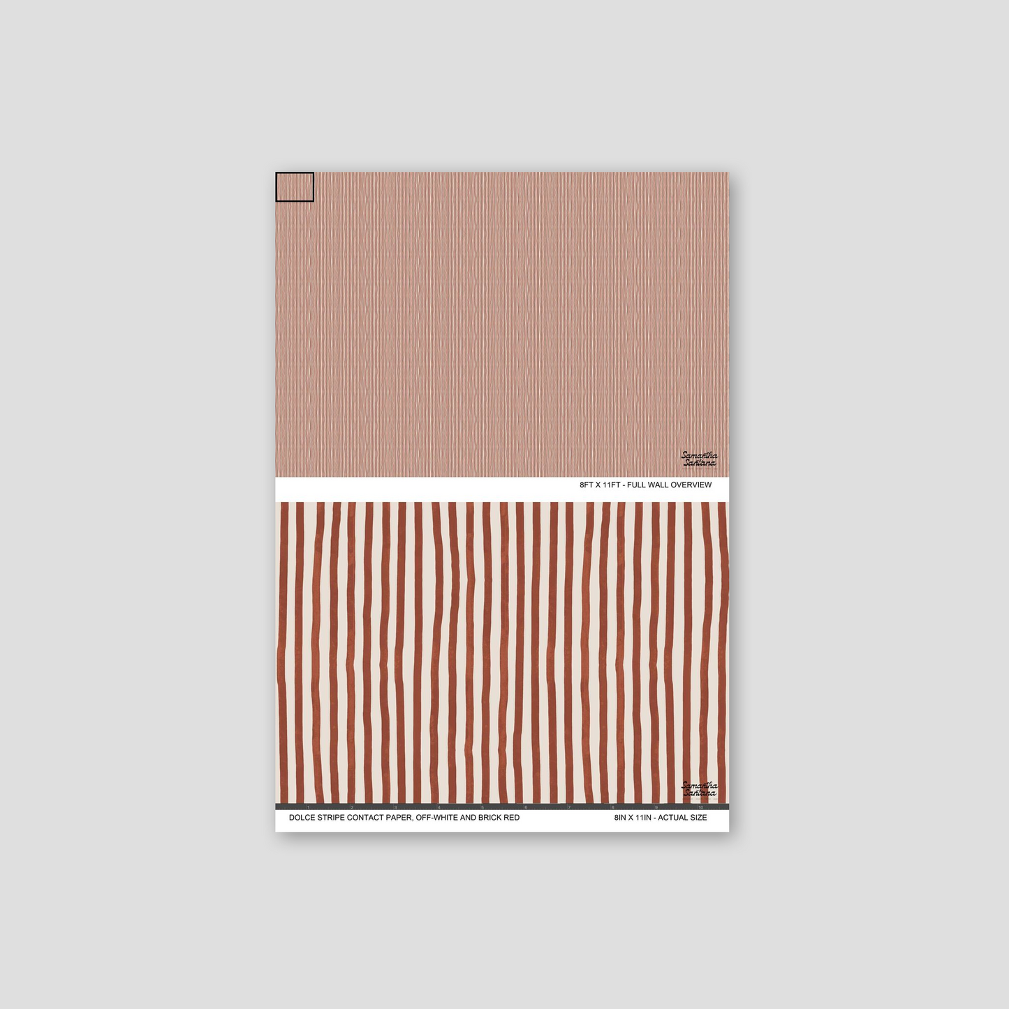 Dolce Stripe contact paper, shelf liner with off-white background and brick red stripes, sample view.