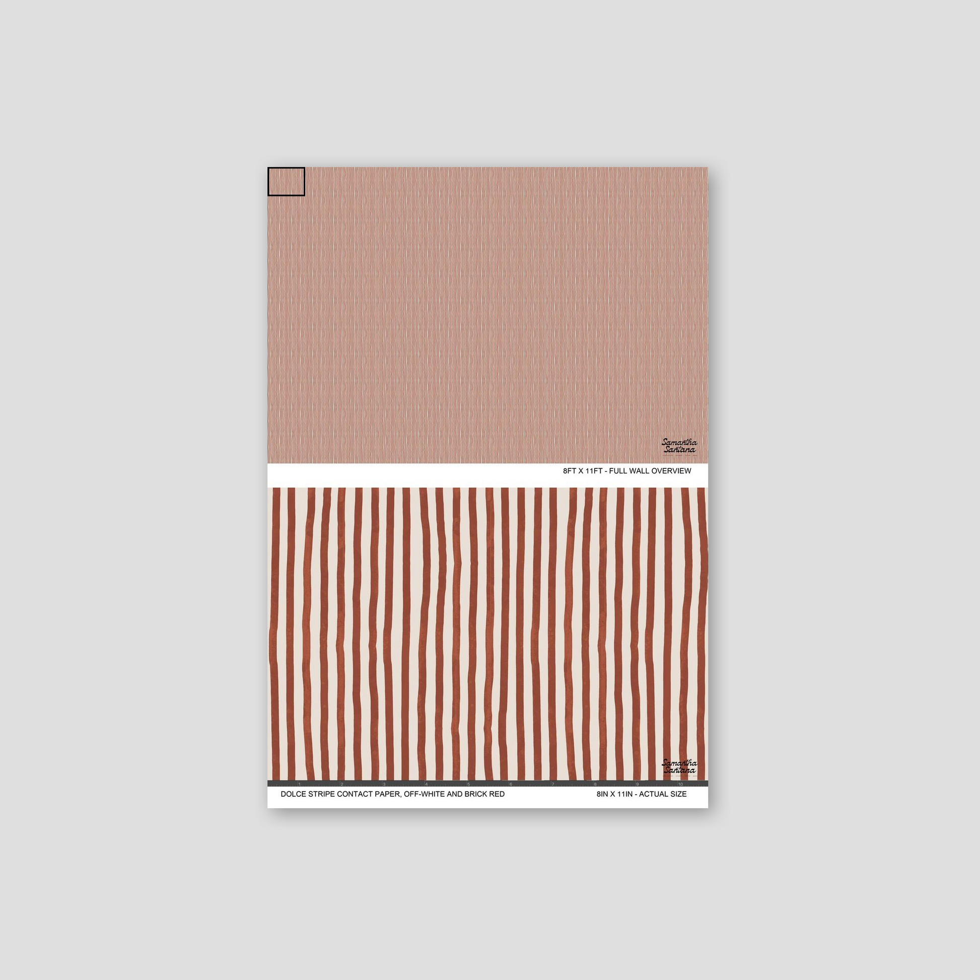 Dolce Stripe contact paper, shelf liner with off-white background and brick red stripes, sample view.