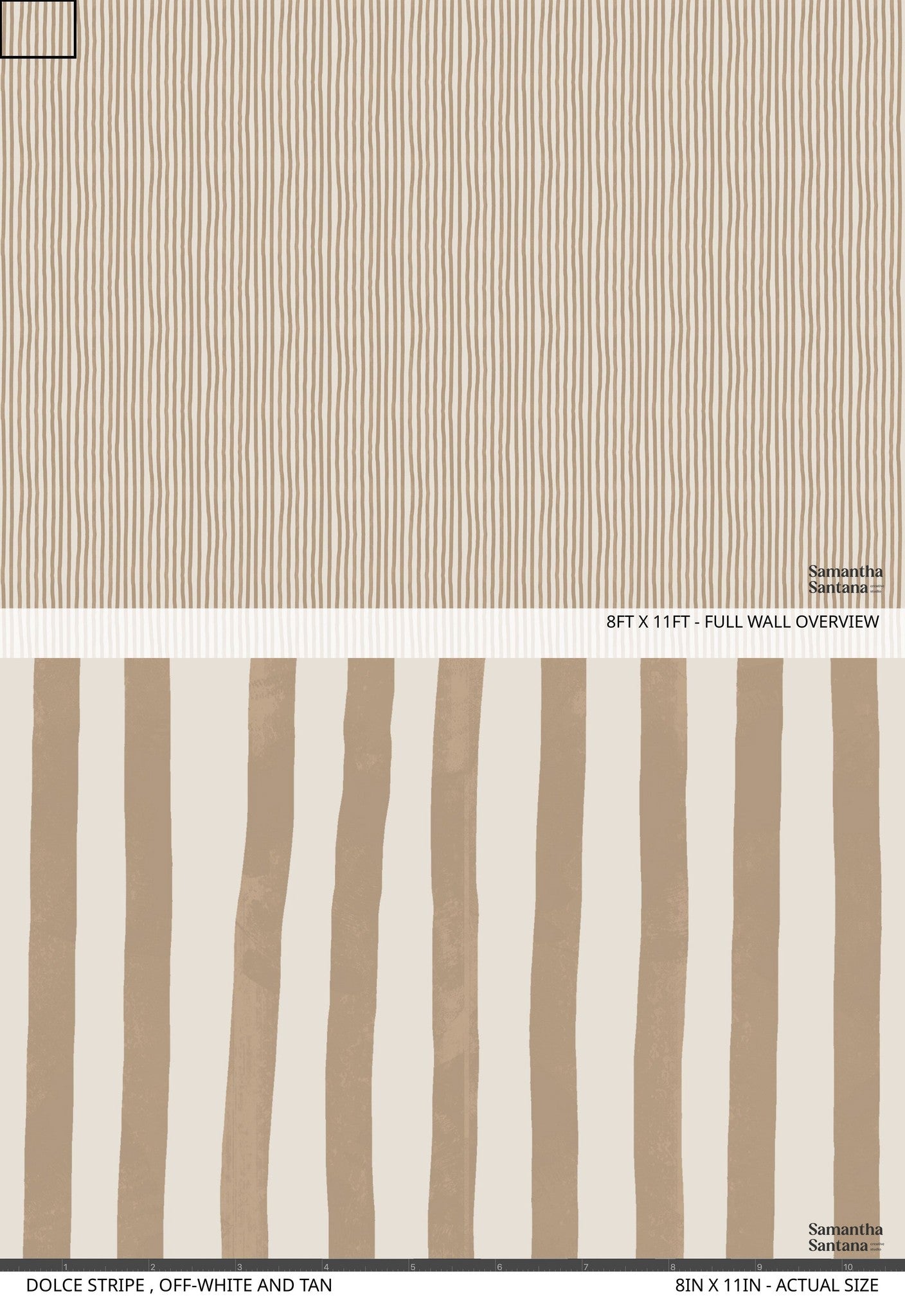 Dolce Stripe off-white and tan wallpaper with vertical lines, full wall and sample view.