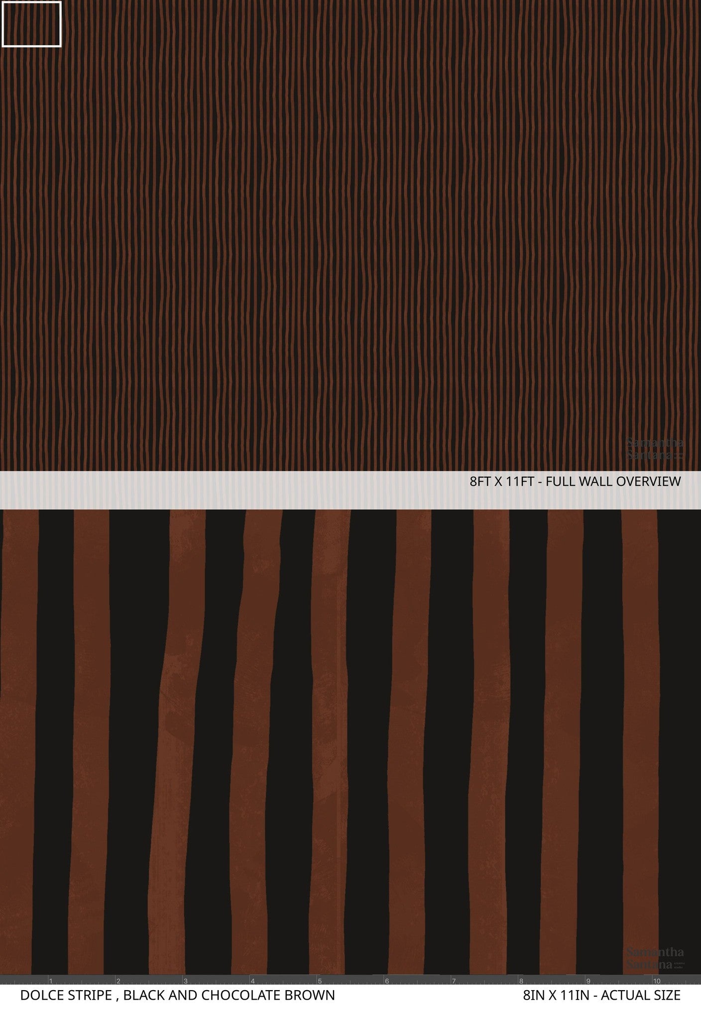 Dolce Stripe wallpaper in black and chocolate brown with bold, textured lines