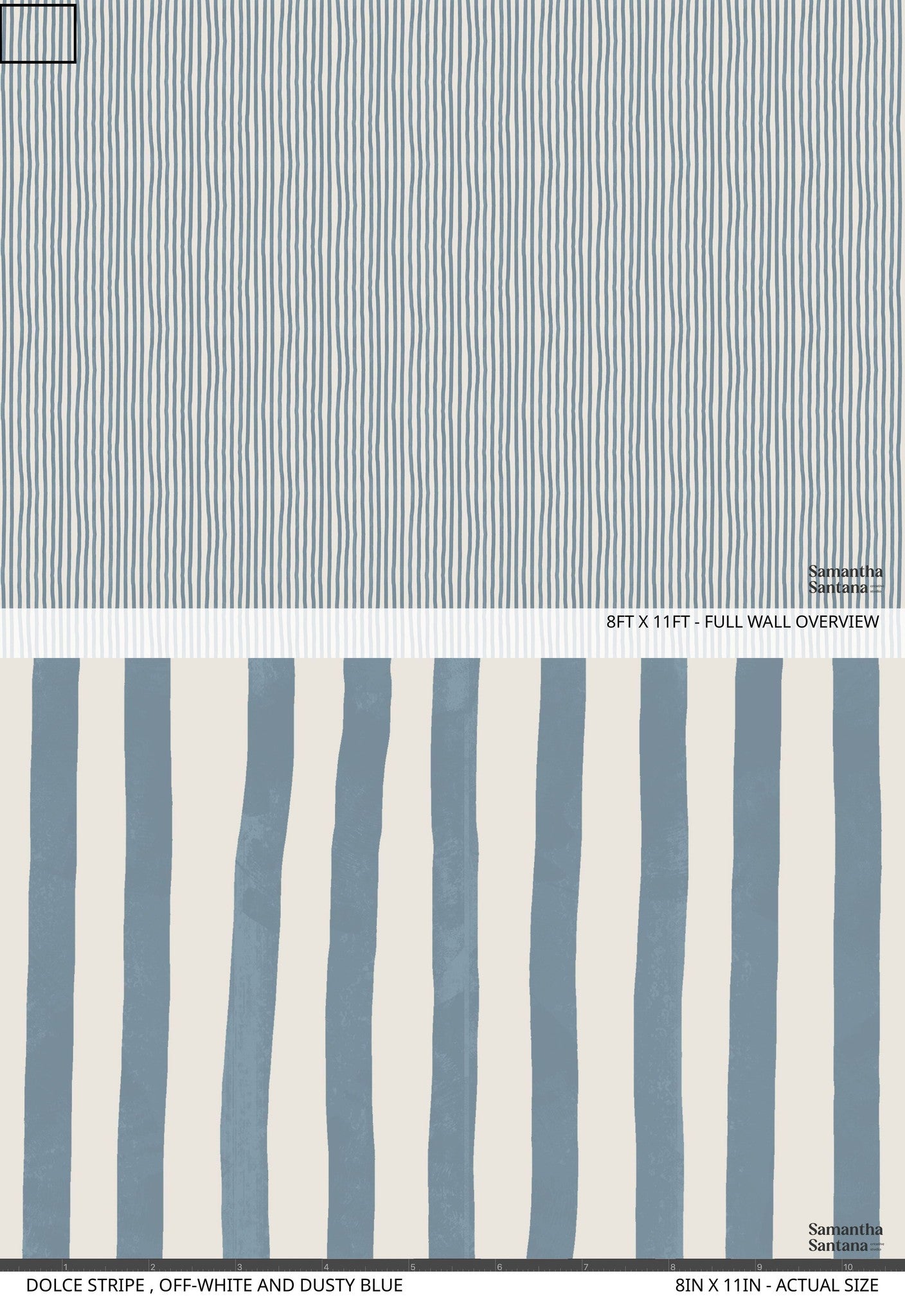 Off-white and dusty blue striped wallpaper sample with coastal design.