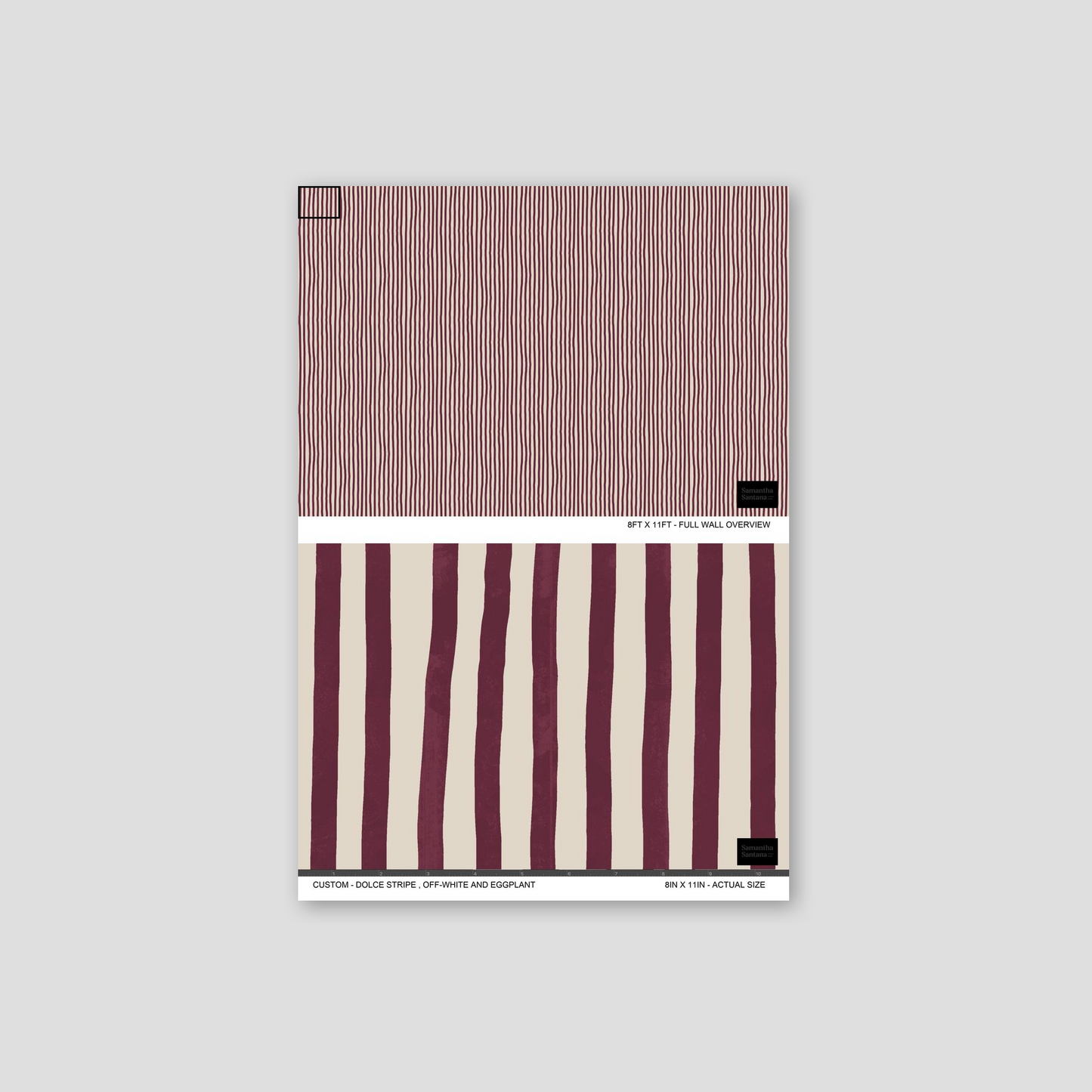 Dolce Stripe wallpaper in off-white and eggplant with elegant striped design.