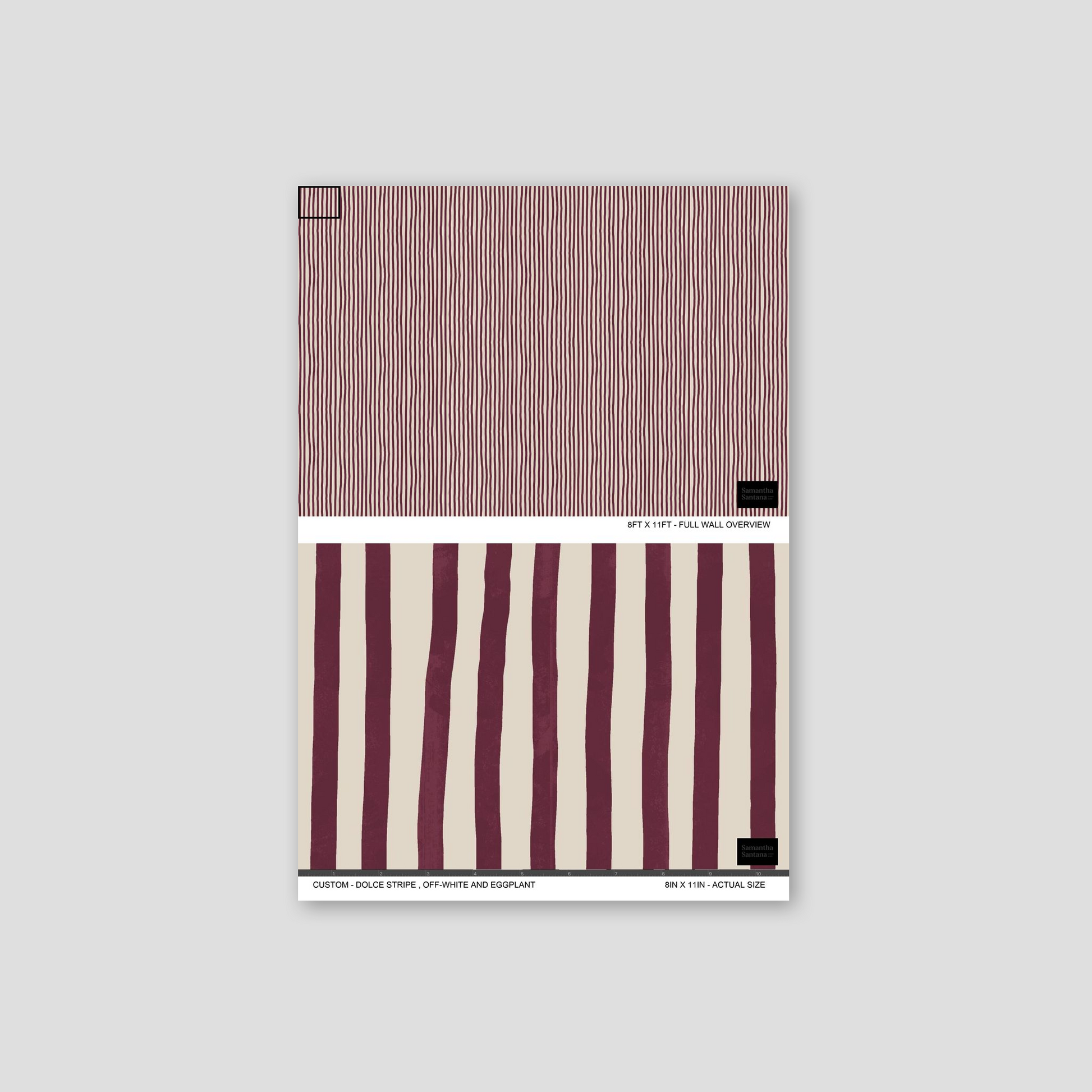 Dolce Stripe wallpaper in off-white and eggplant with elegant striped design.