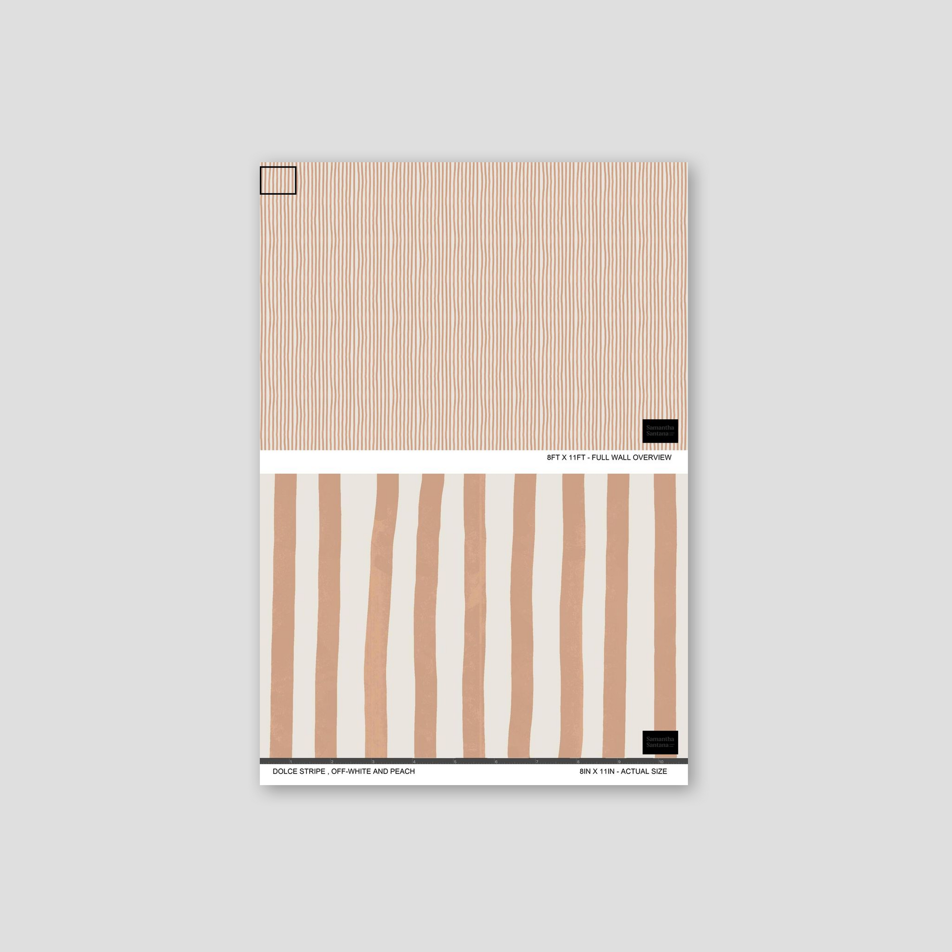 Dolce Stripe Wallpaper sample with off-white and peach stripes.