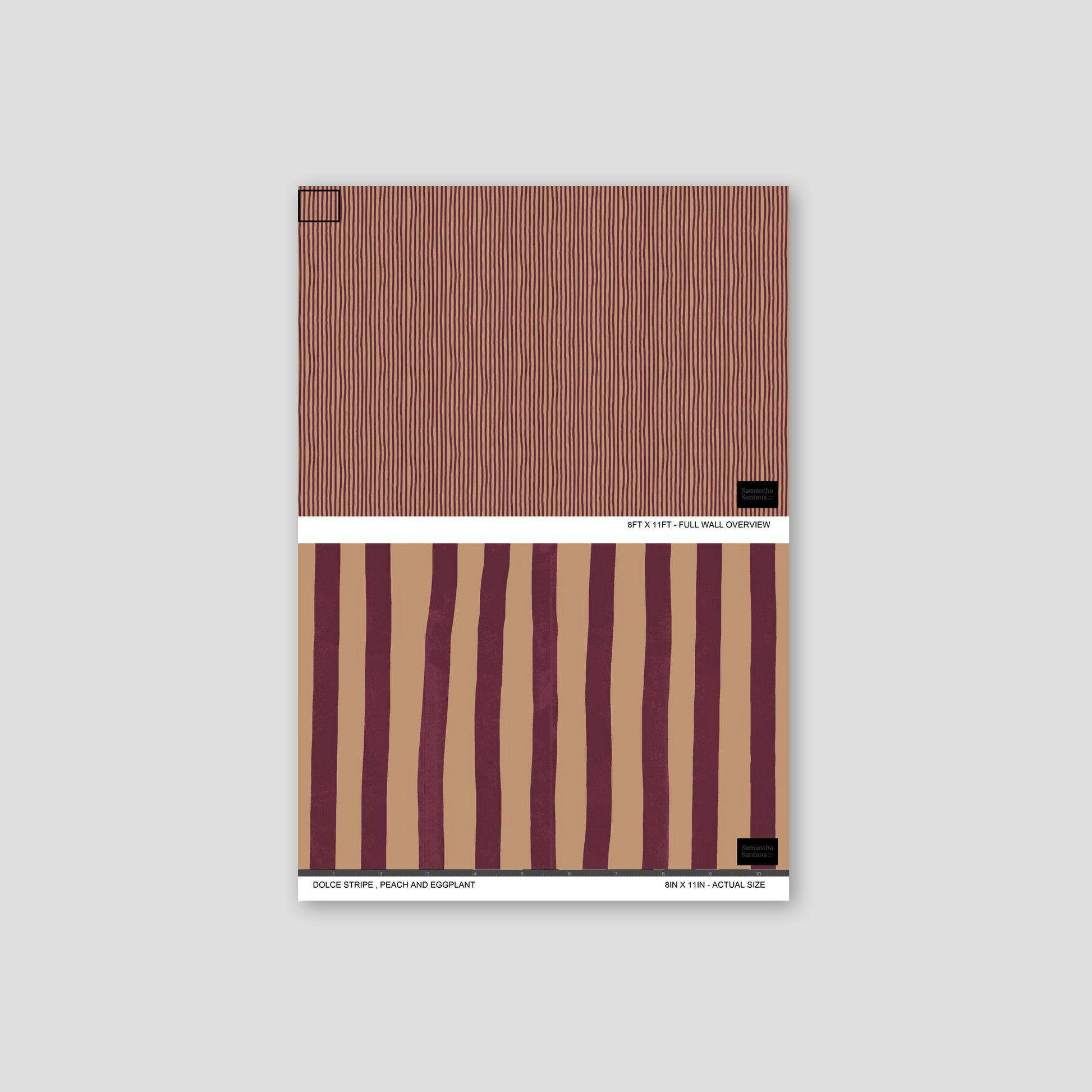 Dolce Stripe Wallpaper sample in peach and eggplant with flowing lines.