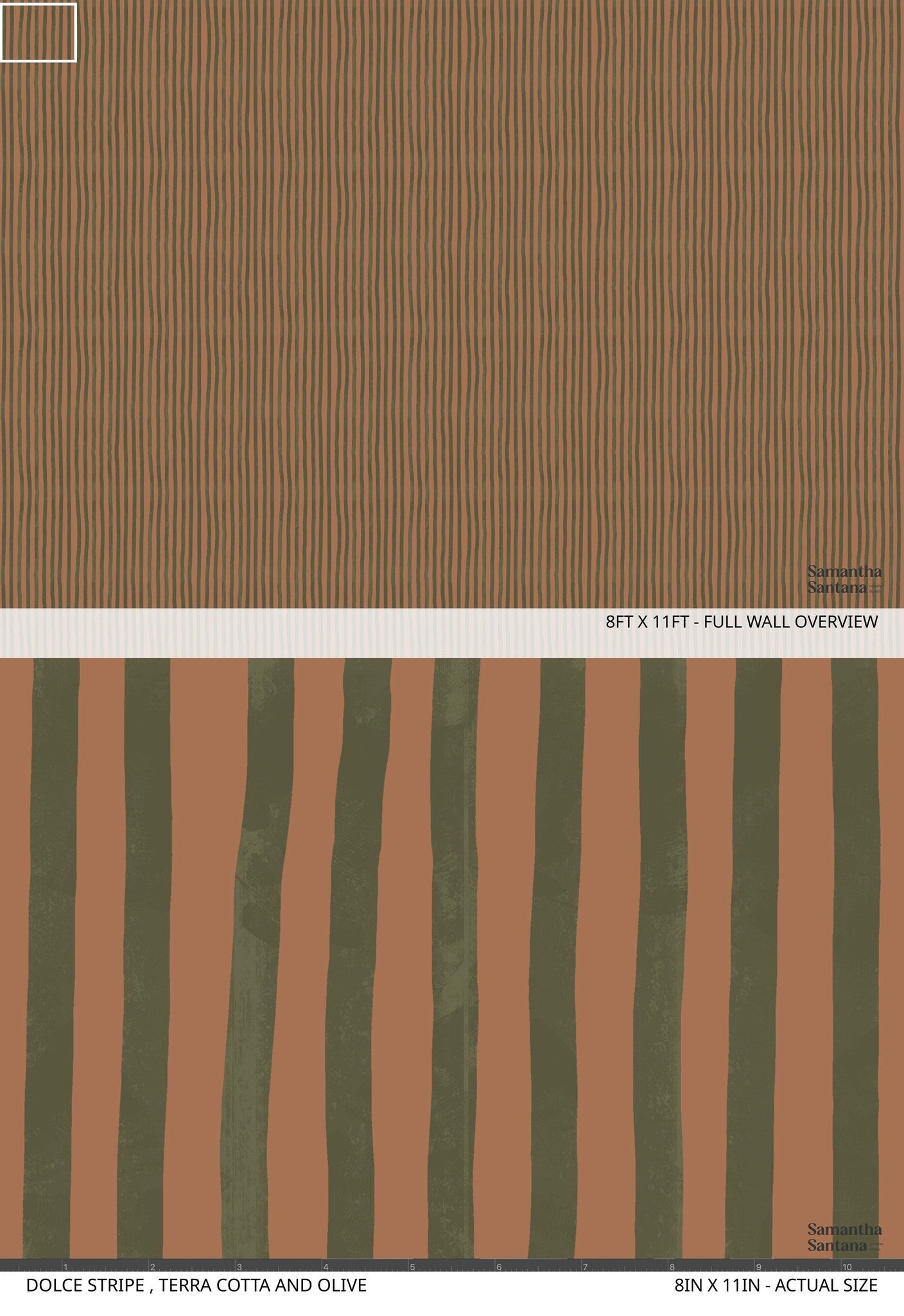 Dolce Stripe wallpaper in terra cotta and olive with organic lines