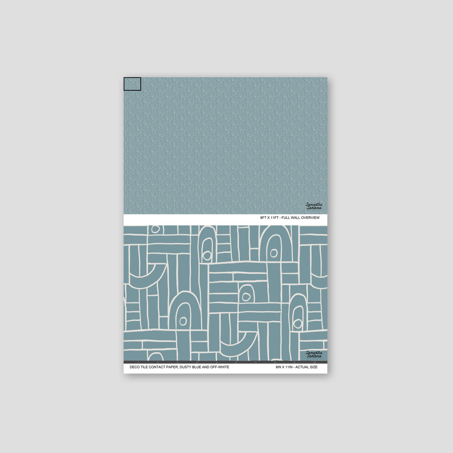 Dusty blue and off-white geometric contact paper, shelf liner sample with modern design.