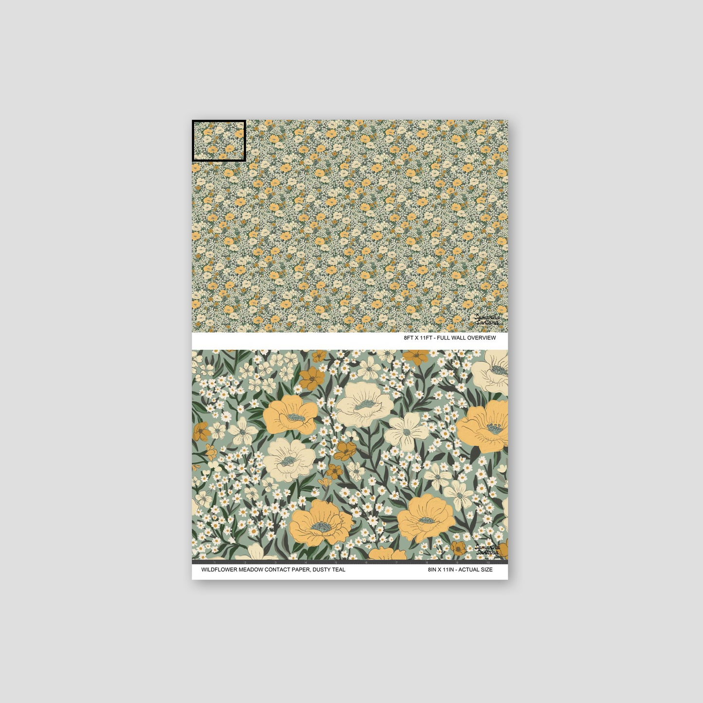 Dusty teal floral contact paper, shelf liner with soft yellow and muted green wildflower pattern.