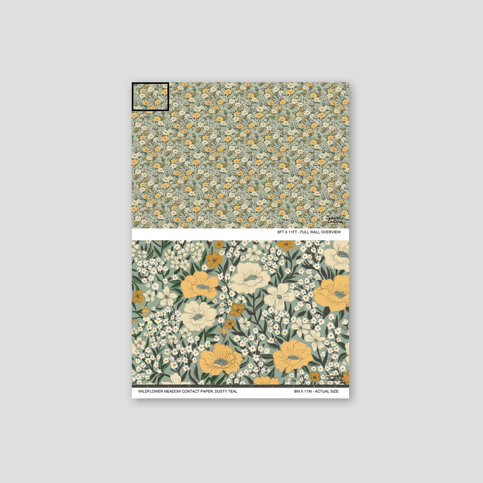 Dusty teal floral contact paper, shelf liner with soft yellow and muted green wildflower pattern.