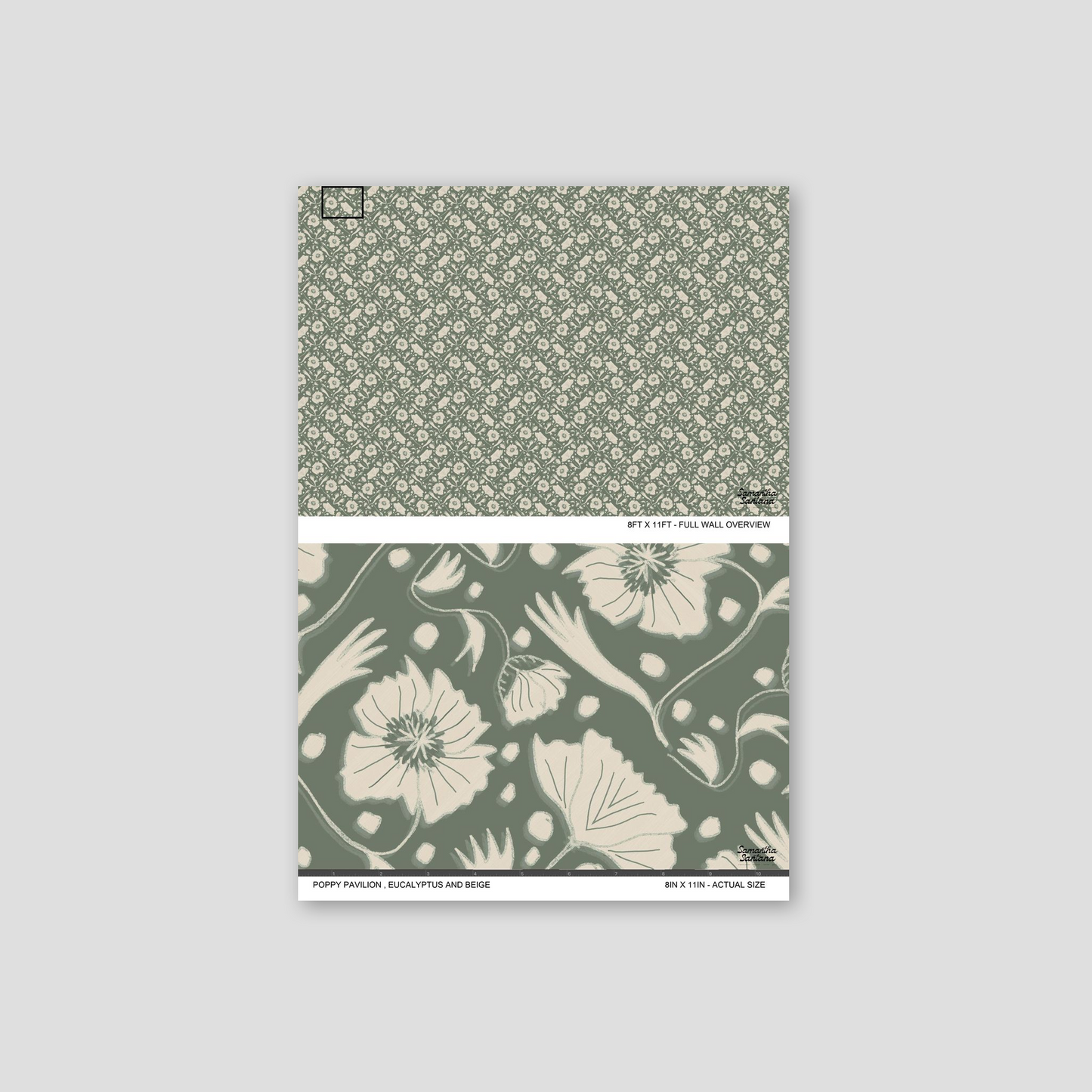 Eucalyptus and beige poppy floral wallpaper pattern sample.