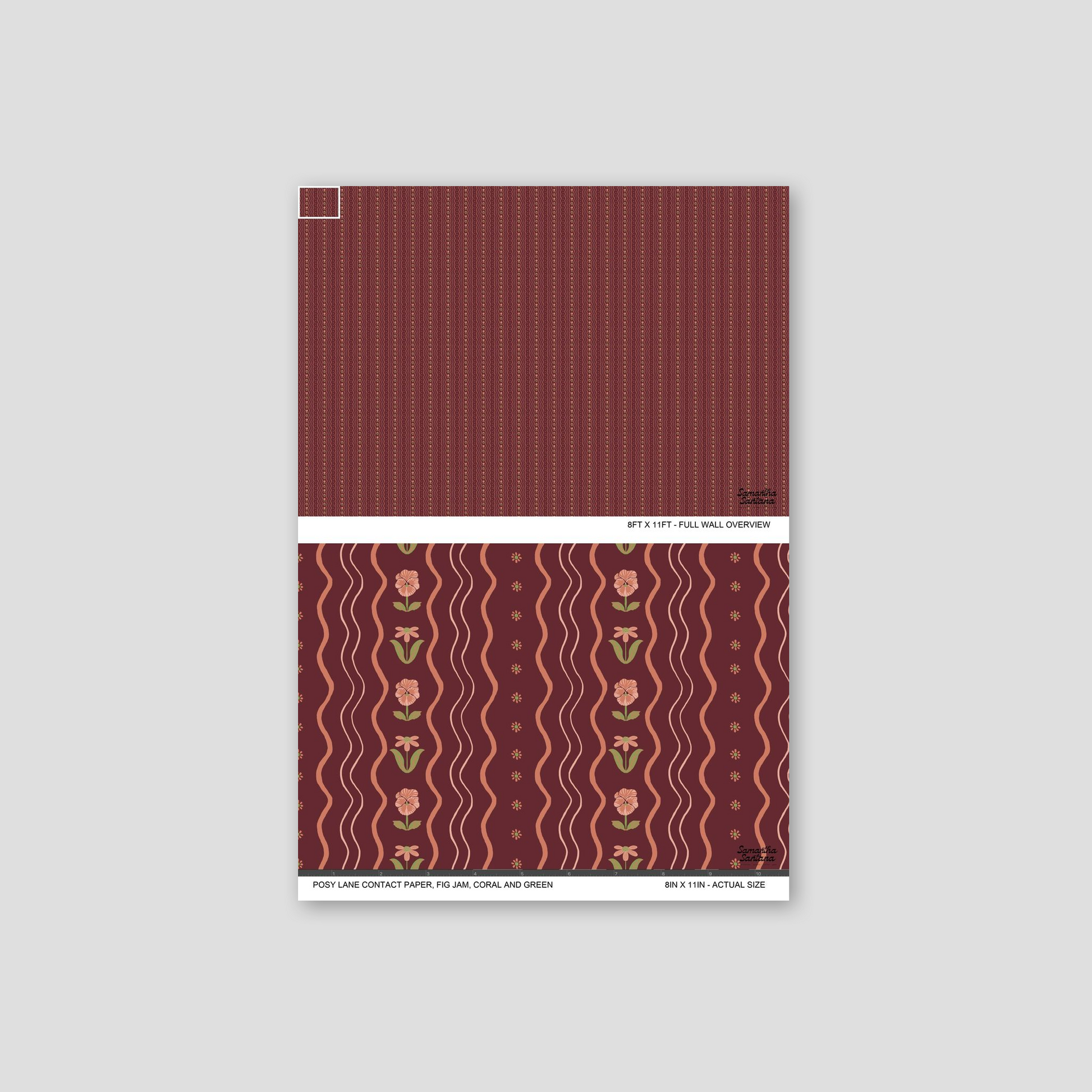 Floral contact paper, shelf liner sample with fig jam background, coral and green accents.