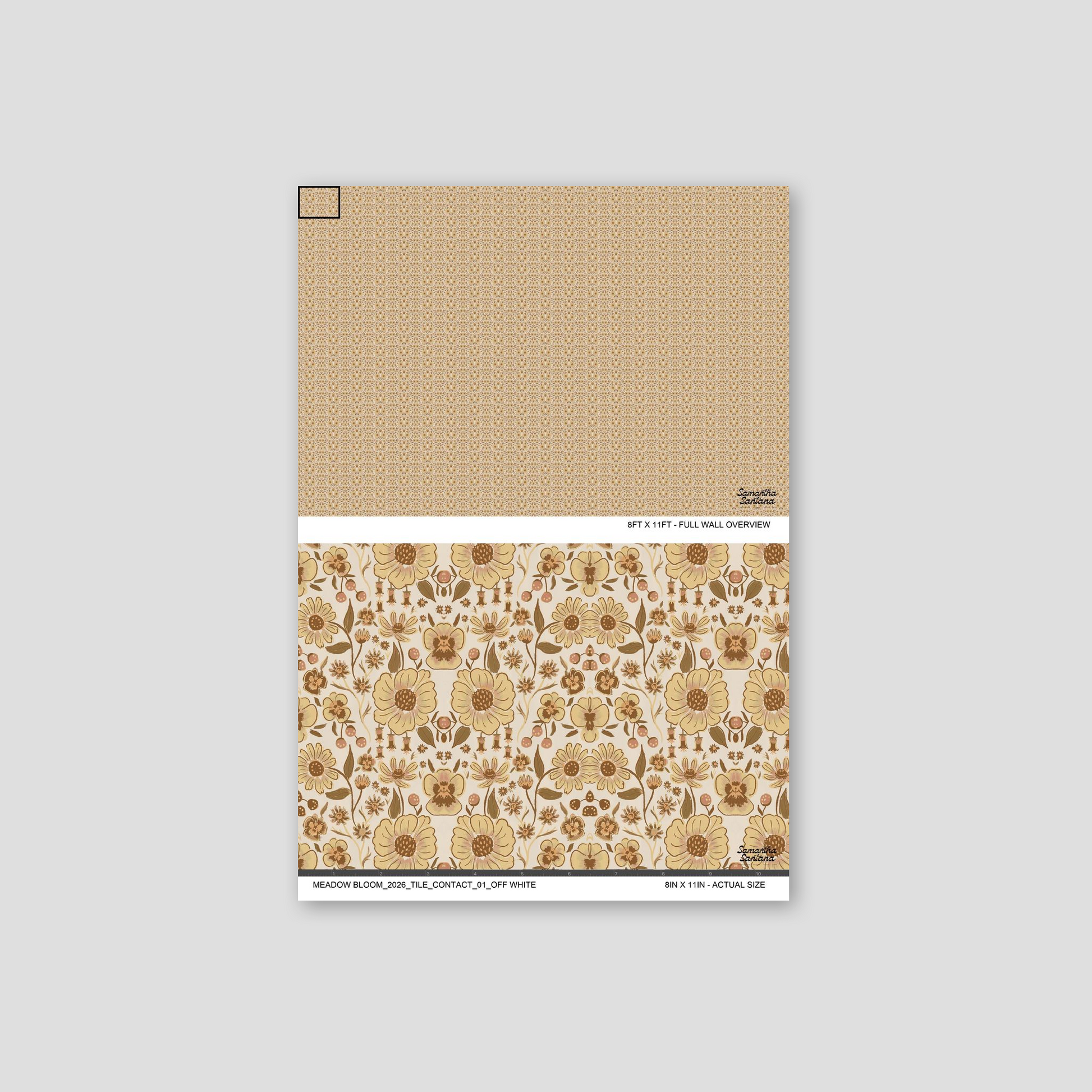 Floral contact paper, shelf liner with intricate warm-toned motifs on off-white background, sample view.
