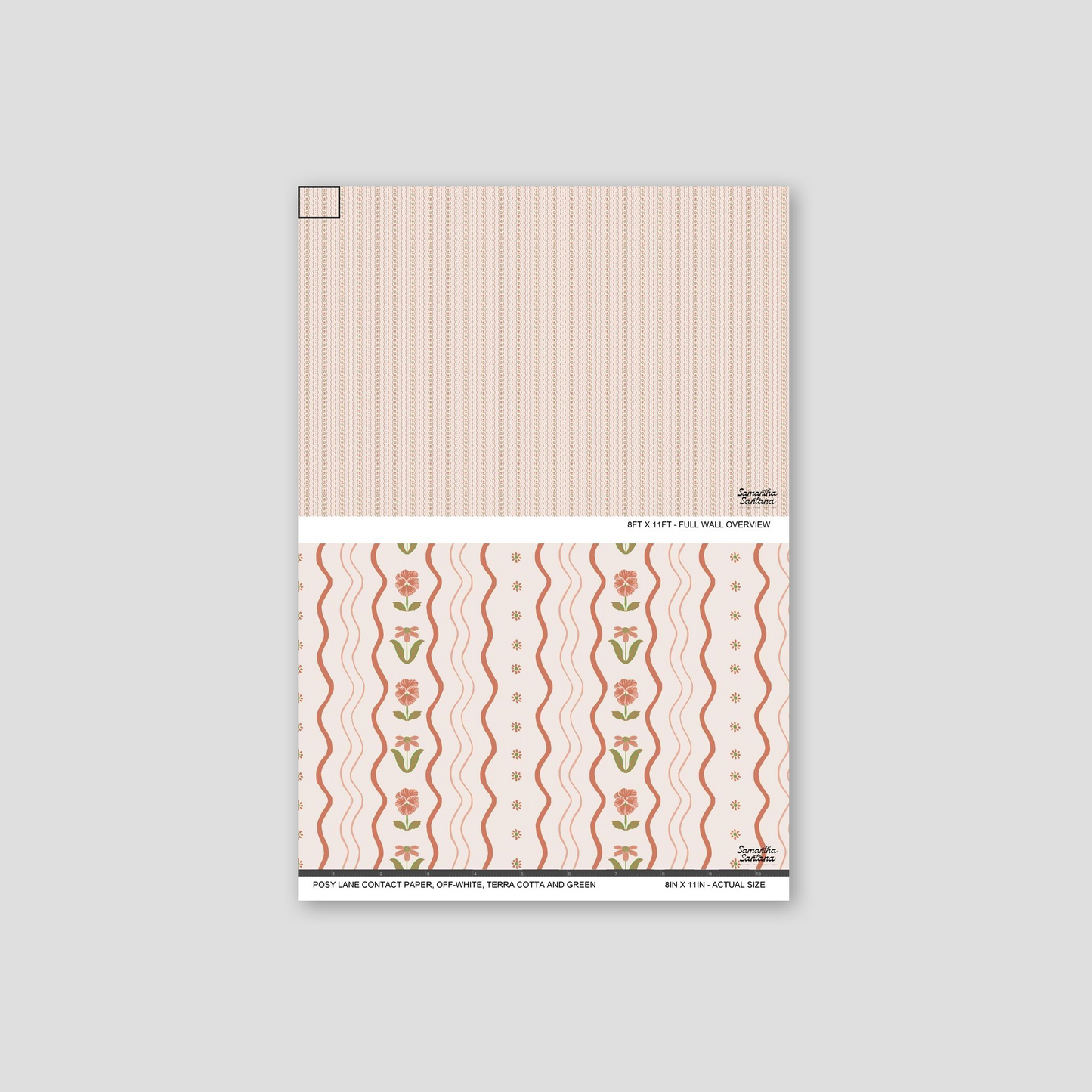 Floral contact paper, shelf liner sample with off-white, terra cotta, and green wavy patterns.